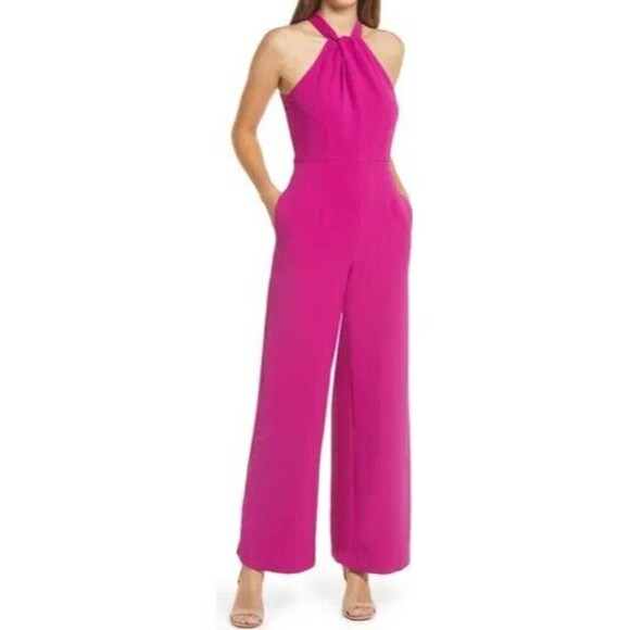 Julia Jordan Pants - Julia Jordan Halter Neck Jumpsuit 12 Fuchsia Pink Wide Leg Sleeveless Pockets